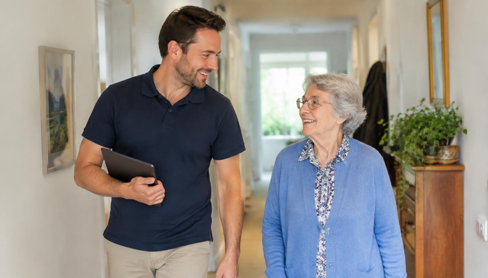 Adviseur loopt met een bewoner door de gang en maakt notities