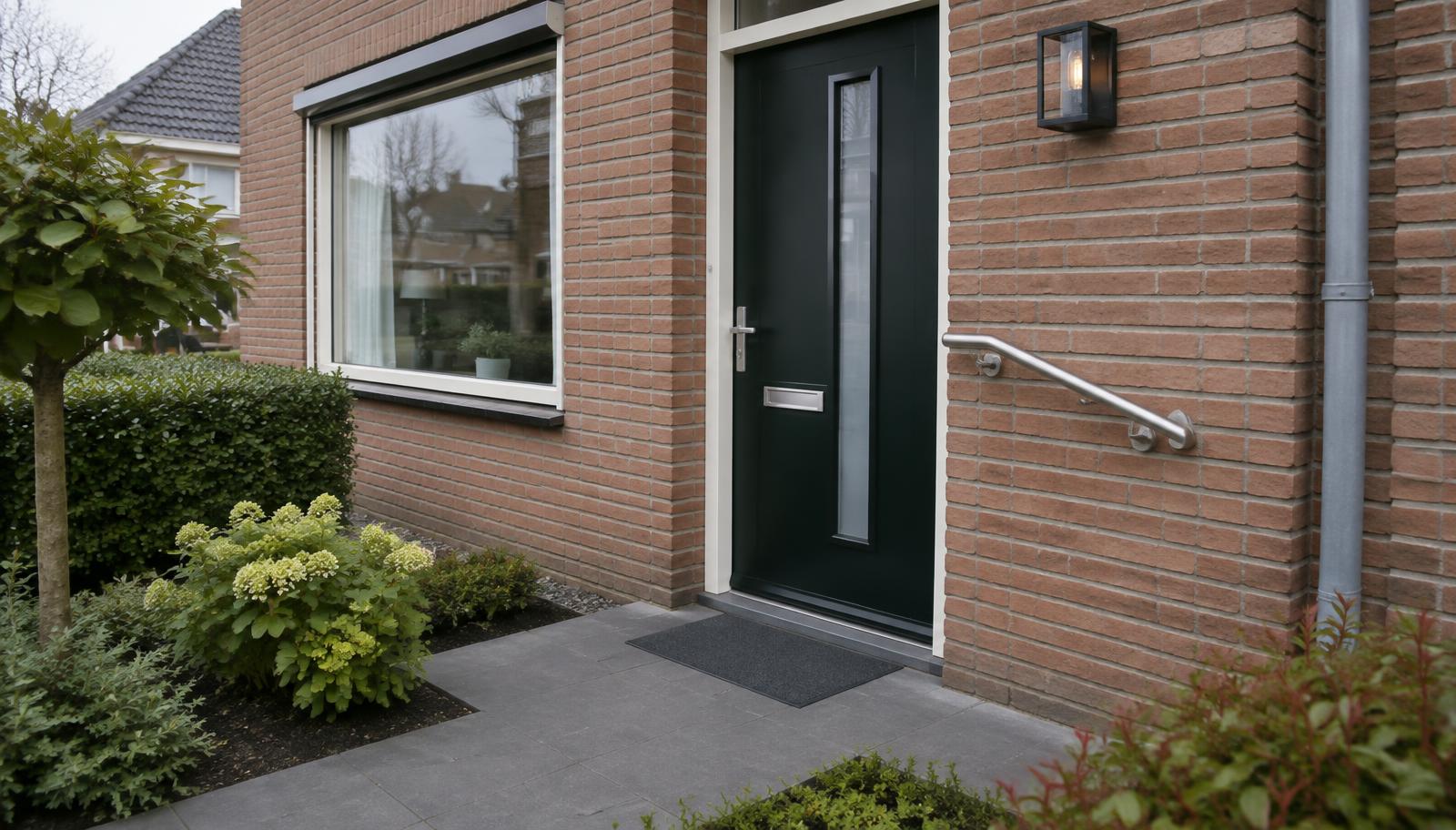 Voordeur zonder opstap met leuning en buitenverlichting