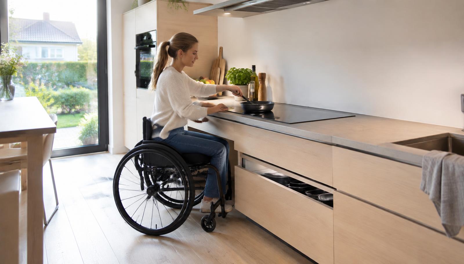 Keuken met verlaagd aanrecht, inductiekookplaat en lades