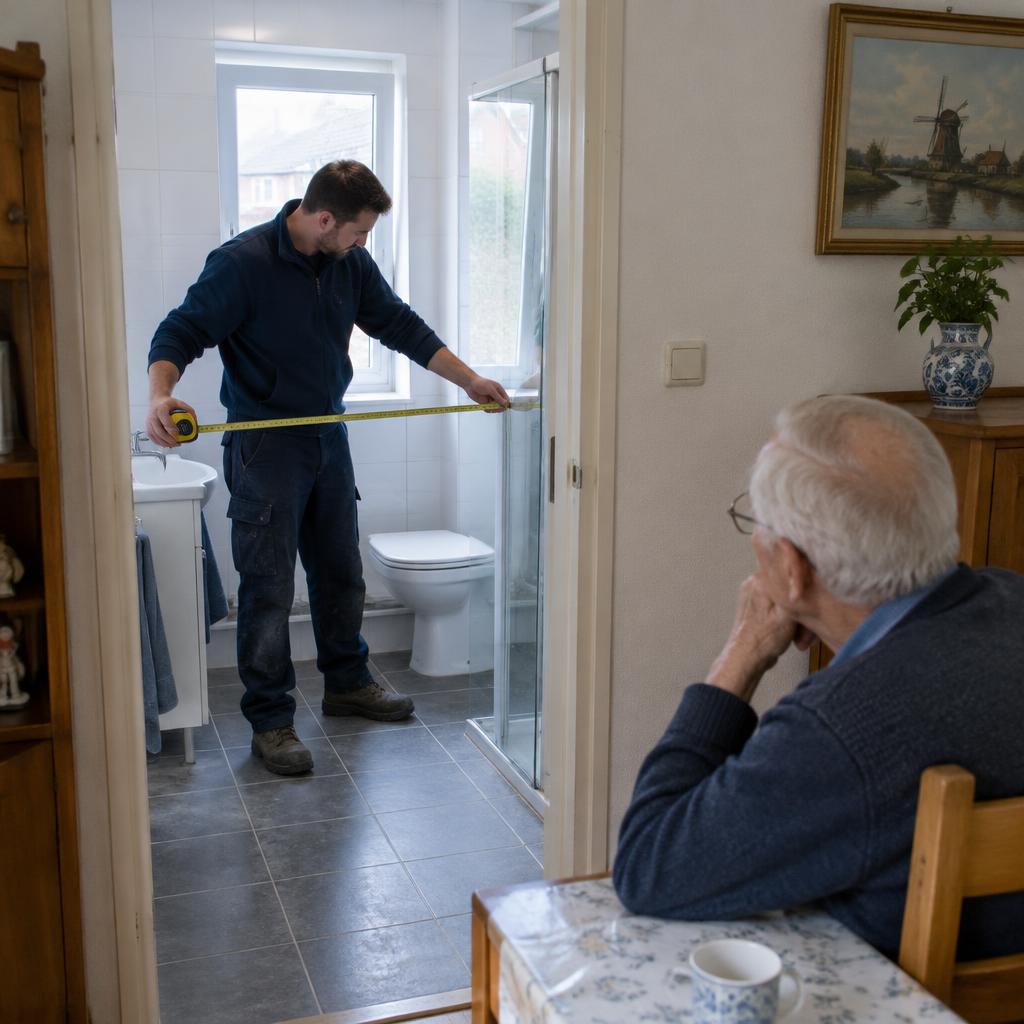 Monteur meet de badkamer op, de klant zit erbij aan tafel